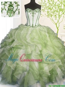 Noble Yellow Green Organza Lace Up Sweetheart Sleeveless Floor Length Ball Gown Prom Dress Beading and Ruffles
