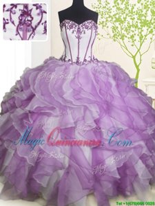 White And Purple Ball Gowns Beading and Ruffles Vestidos de Quinceanera Lace Up Organza Sleeveless Floor Length