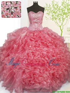 Rose Pink Ball Gowns Organza Sweetheart Sleeveless Beading and Ruffles and Pick Ups Floor Length Lace Up Ball Gown Prom Dress