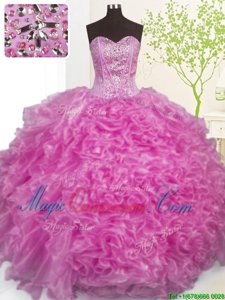 Charming Floor Length Lace Up Ball Gown Prom Dress Lilac and In for Military Ball and Sweet 16 with Beading and Ruffles and Pick Ups