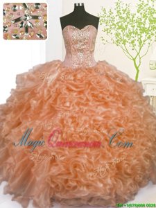 Decent Sleeveless Floor Length Beading and Ruffles and Pick Ups Lace Up Quinceanera Dresses with Orange