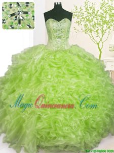 Edgy Sleeveless Organza Floor Length Lace Up 15th Birthday Dress in Yellow Green for with Beading and Ruffles and Pick Ups
