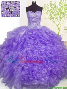 Most Popular Sweetheart Sleeveless Quinceanera Dress Floor Length Beading and Ruffles and Pick Ups Lavender Organza