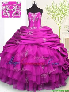 With Train Fuchsia Ball Gown Prom Dress Organza and Taffeta Brush Train Sleeveless Beading and Appliques and Ruffled Layers and Pick Ups