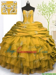 High Quality Organza and Taffeta Strapless Sleeveless Brush Train Lace Up Beading and Appliques and Ruffled Layers and Pick Ups Quinceanera Gown in Gold