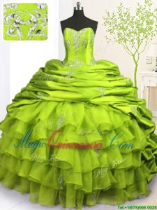 Noble Pick Ups Ruffled Strapless Sleeveless Brush Train Lace Up Ball Gown Prom Dress Apple Green Organza and Taffeta