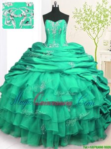 Sleeveless Brush Train Lace Up With Train Beading and Appliques and Ruffled Layers and Pick Ups Sweet 16 Dresses