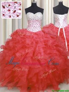 Custom Design Ball Gowns Sweet 16 Dresses Watermelon Red Sweetheart Organza Sleeveless Floor Length Lace Up