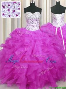 Fancy Fuchsia Ball Gowns Sweetheart Sleeveless Organza Floor Length Lace Up Beading and Ruffles 15th Birthday Dress