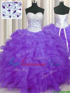 Customized Sweetheart Sleeveless Lace Up 15th Birthday Dress Lavender Organza