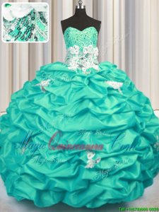 Turquoise Taffeta Lace Up Sweetheart Sleeveless With Train Sweet 16 Dress Brush Train Appliques and Sequins and Pick Ups