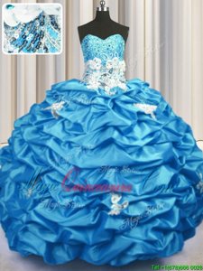 Sweetheart Sleeveless Quinceanera Gowns With Brush Train Appliques and Sequins and Pick Ups Aqua Blue Taffeta