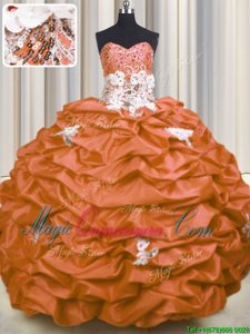 On Sale Sequins Pick Ups Sweetheart Sleeveless Brush Train Lace Up Sweet 16 Quinceanera Dress Orange Red Taffeta