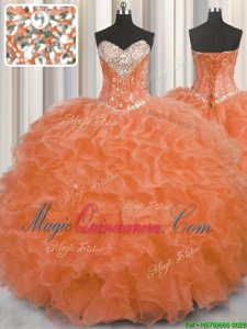 Sexy Orange Red Sleeveless Organza Lace Up Quinceanera Dress for Military Ball and Sweet 16 and Quinceanera