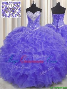 Lavender Ball Gowns Organza Sweetheart Sleeveless Beading and Ruffles Floor Length Lace Up 15th Birthday Dress