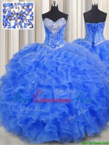 Amazing Organza Sweetheart Sleeveless Lace Up Beading and Ruffles Sweet 16 Dresses in Royal Blue