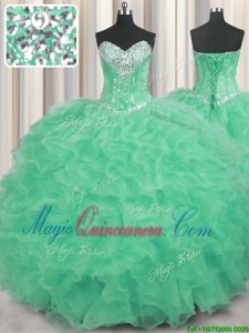 Apple Green Lace Up Sweetheart Beading and Ruffles Quinceanera Dresses Organza Sleeveless