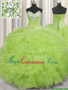 Fashion Yellow Green 15th Birthday Dress Military Ball and Sweet 16 and Quinceanera and For with Beading and Ruffles Sweetheart Sleeveless Lace Up