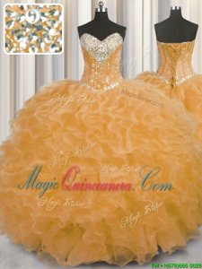 Orange Sleeveless Beading and Ruffles Floor Length 15th Birthday Dress