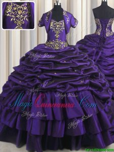 Attractive Purple Lace Up Sweetheart Beading and Appliques and Pick Ups Sweet 16 Dress Taffeta Sleeveless Brush Train