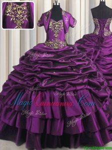 Customized Purple Ball Gowns Taffeta Sweetheart Sleeveless Beading and Appliques and Pick Ups With Train Lace Up Sweet 16 Dresses Brush Train