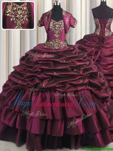 Fashionable Taffeta Sleeveless With Train Quinceanera Dress Brush Train and Beading and Appliques and Pick Ups