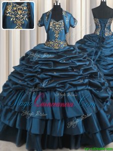Unique Pick Ups Brush Train Ball Gowns 15th Birthday Dress Navy Blue Sweetheart Taffeta Sleeveless With Train Lace Up