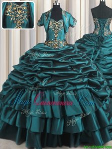 Teal 15 Quinceanera Dress Military Ball and Sweet 16 and Quinceanera and For with Beading and Appliques and Pick Ups Sweetheart Sleeveless Brush Train Lace Up