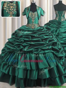 Super Peacock Green Sleeveless Brush Train Beading and Appliques and Pick Ups With Train Quinceanera Dress