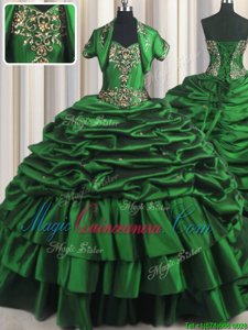 Noble Pick Ups Sweetheart Sleeveless Brush Train Lace Up 15 Quinceanera Dress Dark Green Taffeta