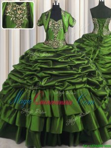 Pick Ups Green Sleeveless Taffeta Brush Train Lace Up Quinceanera Dresses for Military Ball and Sweet 16 and Quinceanera