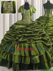 Glamorous Short Sleeves Taffeta With Brush Train Lace Up Quinceanera Dress in Olive Green for with Ruffled Layers