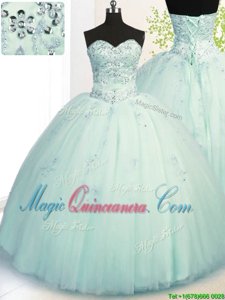 Sweetheart Sleeveless Tulle Vestidos de Quinceanera Beading and Appliques Lace Up