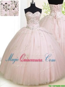 Rose Pink Sleeveless Beading and Appliques Floor Length 15 Quinceanera Dress