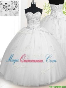 Latest Beading and Appliques Quinceanera Gowns White Lace Up Sleeveless Floor Length