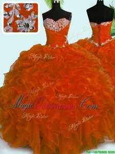 Exceptional Rust Red Organza Lace Up Ball Gown Prom Dress Sleeveless Floor Length Beading and Ruffles