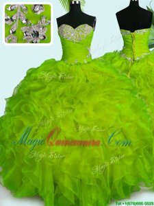 Low Price Yellow Green Organza Lace Up Sweetheart Sleeveless Floor Length Sweet 16 Dress Beading and Ruffles