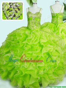 Simple Spaghetti Straps Sleeveless Organza 15th Birthday Dress Beading and Ruffles Lace Up