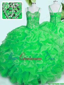 Green Lace Up Quinceanera Dress Beading and Ruffles Sleeveless Floor Length