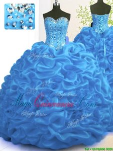 Blue Sleeveless With Train Beading and Ruffles Lace Up 15th Birthday Dress