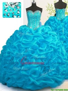 Popular Aqua Blue Sleeveless With Train Beading and Ruffles Lace Up Sweet 16 Dresses