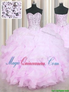 Glittering Mermaid Floor Length Lace Up Vestidos de Quinceanera Lilac and In for Military Ball and Sweet 16 and Quinceanera with Beading and Ruffles