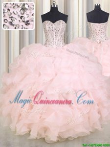 Custom Design Baby Pink Ball Gowns Beading and Ruffles Quinceanera Dress Lace Up Organza Sleeveless Floor Length