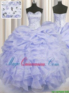 Hot Selling Sleeveless Floor Length Beading and Ruffles Lace Up Sweet 16 Dress with Lavender