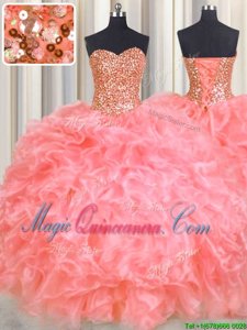 Inexpensive Watermelon Red Ball Gowns Organza Halter Top Sleeveless Beading and Ruffles Floor Length Lace Up Sweet 16 Quinceanera Dress