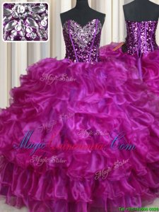 Great Sleeveless Floor Length Beading and Ruffles Lace Up Quinceanera Gown with Fuchsia