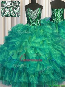 Floor Length Turquoise Quinceanera Dresses Organza Sleeveless Beading and Ruffles