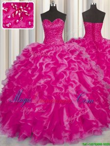 Excellent Ball Gowns Sweet 16 Dress Hot Pink Sweetheart Organza Sleeveless Floor Length Lace Up