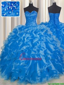 Romantic Blue Ball Gowns Beading and Ruffles Quince Ball Gowns Lace Up Organza Sleeveless Floor Length