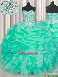 Sleeveless Floor Length Beading and Ruffles and Pick Ups Lace Up Vestidos de Quinceanera with Aqua Blue